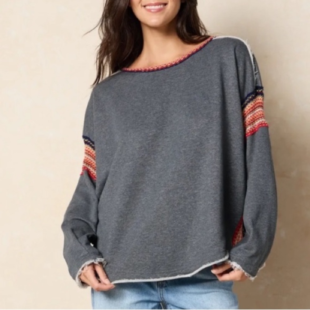 Natural Life - Colorful Knit Trim - Oversized Sweatshirt - Boho Sleeves - L/XL - Picture 2 of 12